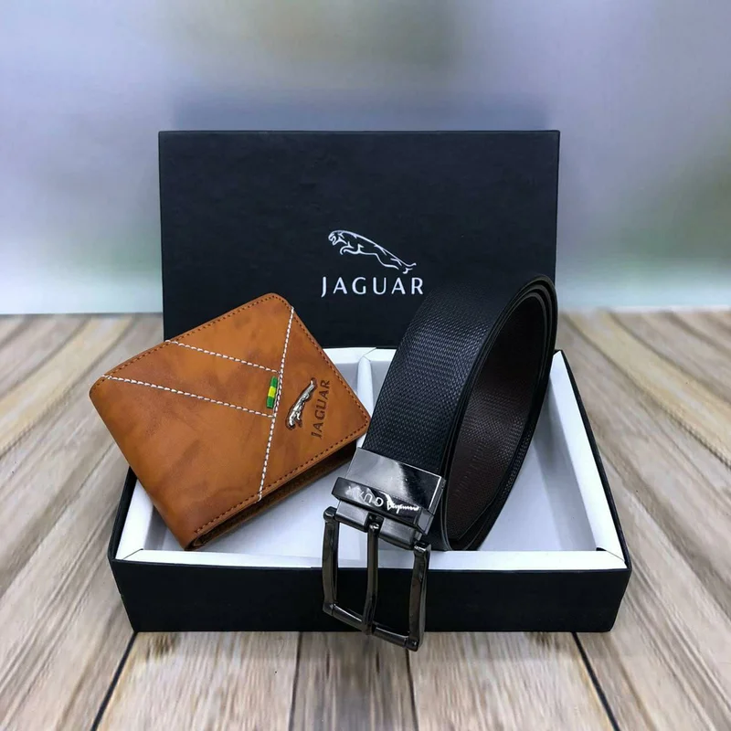 Black Genuine Leather Jaguar Formal & Casual Buckle Belt & Brown Jaguar Wallet