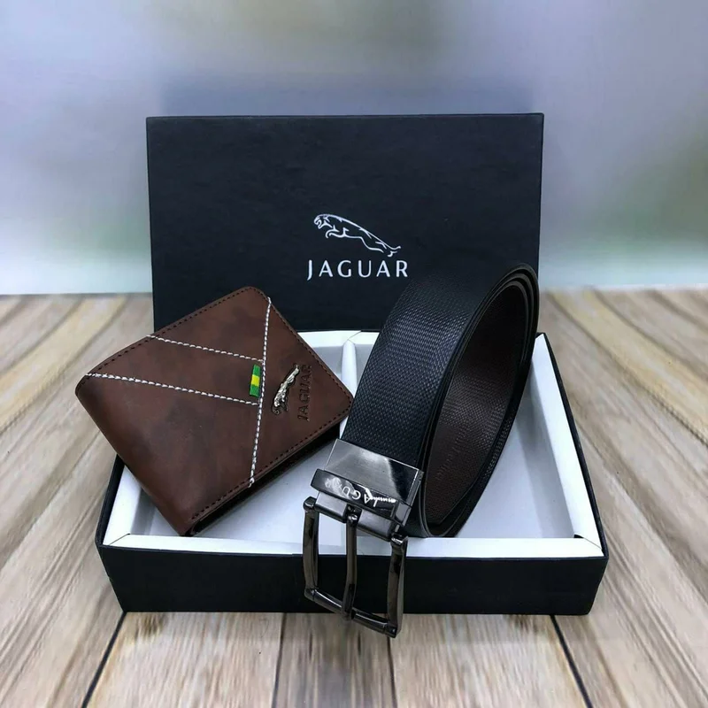 Black Genuine Leather Jaguar Formal & Casual Buckle Belt & Coffee Jaguar Wallet