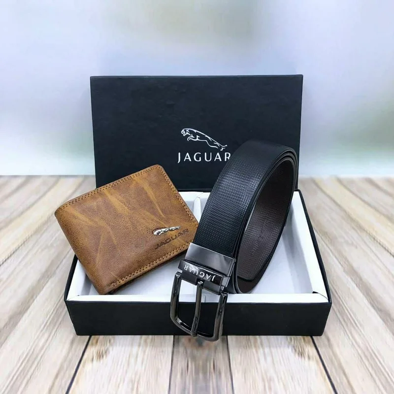 Black Genuine Leather Jaguar Formal & Casual Buckle Belt & Jaguar Wallet