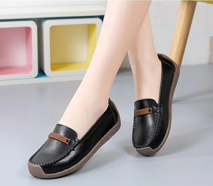 Black Loafers flats shoes woman folding Leather women flats