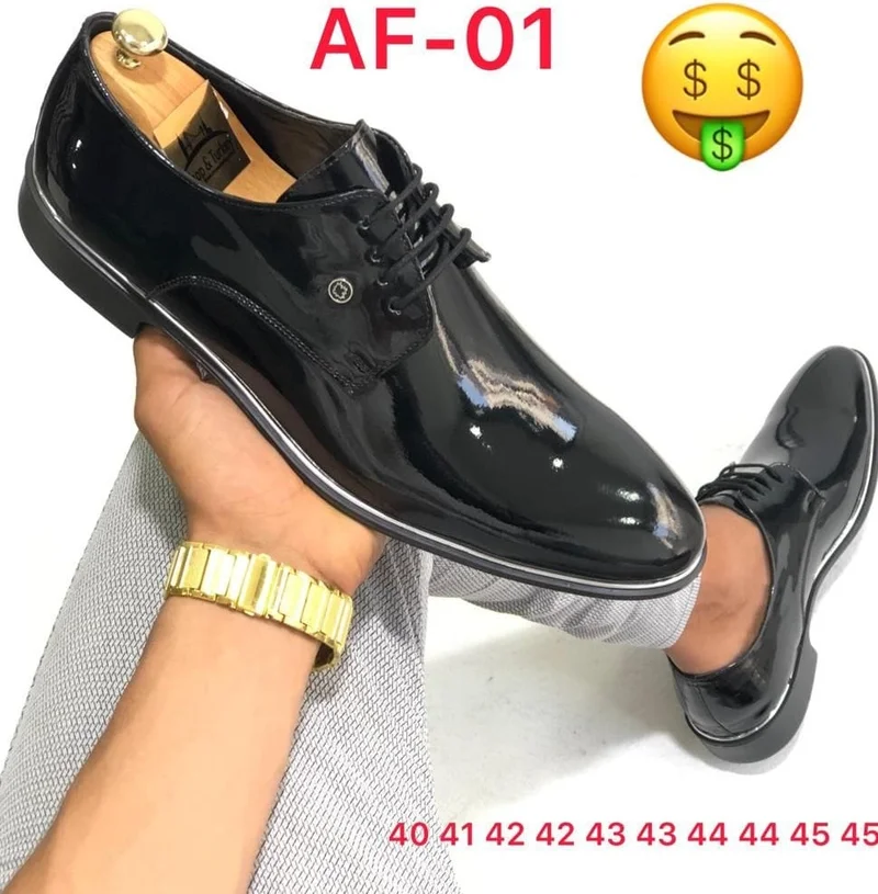 Black Quality Leather Wet Look Official Gents Shoe Lace Up Shoes
