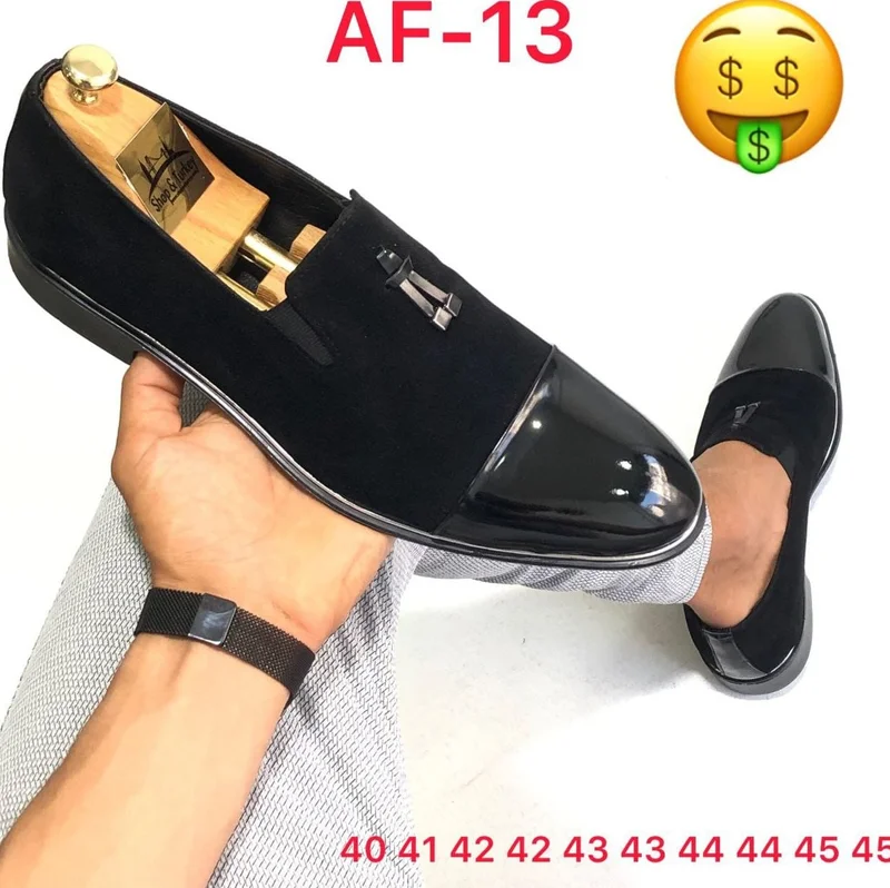 Black Quality Wet Look Official Shoes  Slip On Gents Velvet Shoe