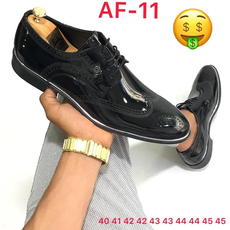 Black Quality Wet Look Official Shoes Brogue Lace up Gents Shoe